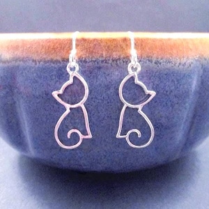 Cat Earrings, Sitting Pretty, Silver Dangle Earrings, FREE Shipping