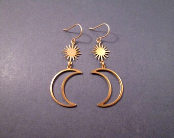 Crescent Moon and Starburst Earrings, Raw Brass Moon Charms and Suns, Gold Dangle Earrings, FREE Shipping