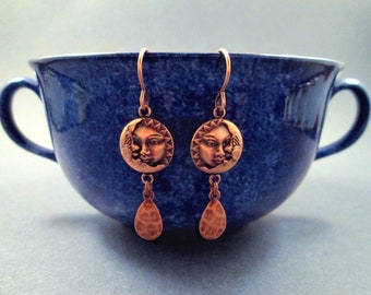 Sun and Moon Earrings, Hammered Teardrop Charms, Copper Dangle Earrings, FREE Shipping