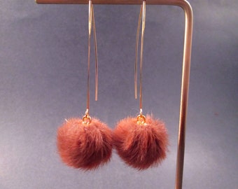 Faux Fur Earrings, Chocolate Brown Acrylic Pom Pom Earrings, Long Gold Dangle Earrings, FREE Shipping