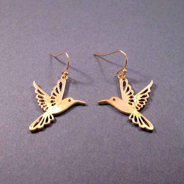 Hummingbird Earrings, Gold Bird Charms, Dangle Earrings, FREE Shipping