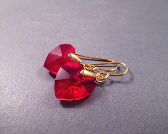 Crystal Heart Earrings, Ruby Red and Gold Dangle Earrings, FREE Shipping