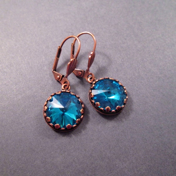 Rhinestone Earrings, Aqua Blue Rivoli Glass Stones, Copper Dangle Earrings, FREE Shipping