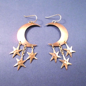 Crescent Moon and Star Earrings, Hammered Charms, Chandelier Earrings, Raw Brass and Gold Dangle Earrings, FREE Shipping image 1