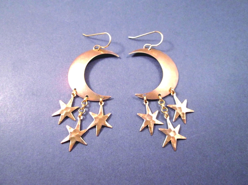 Crescent Moon and Star Earrings, Hammered Charms, Chandelier Earrings, Raw Brass and Gold Dangle Earrings, FREE Shipping image 1