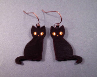Black Cat Earrings, Wooden Cat Pendants, Copper Dangle Earrings, FREE Shipping