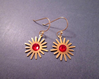 Starburst Earrings, Red Crystal Stones, Raw Brass and Gold Dangle Earrings, FREE Shipping