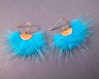 Medium Size Fur Earrings, Aqua Blue Fan Earrings, Rabbit Fur and Gold Dangle Earrings, FREE Shipping