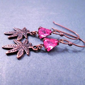 Cannabis Leaf Earrings, Pink Glass Rhinestone and Copper Dangle Earrings, Marijuana Earrings, FREE Shipping