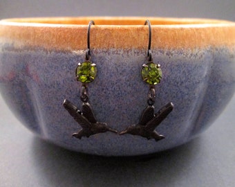 Hummingbird Earrings, Green Glass Rhinestone and Black, Gunmetal Silver Dangle Earrings, FREE Shipping