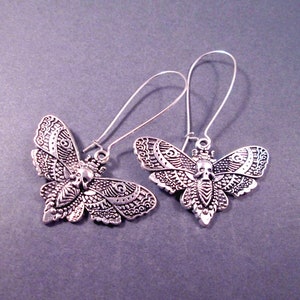 Moth Earrings, Antiqued Silver Deaths Head Moth, Long Dangle Earrings, FREE Shipping