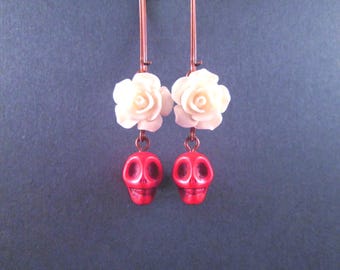 Skull Earrings, Red Stone Skulls and White Roses, Copper Dangle Earrings, FREE Shipping