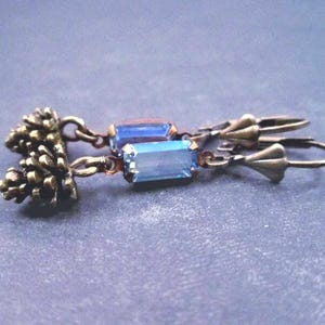 Pine Cone Dangle Earrings, Brass Pinecone and Indigo Blue Rhinestone Drop Earrings, FREE Shipping