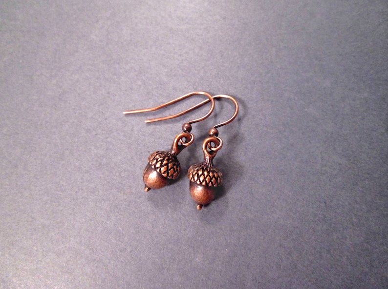 Acorn Earrings, Rustic Woodland Style, Hook Ear Wires, Copper Dangle Earrings, FREE Shipping image 2