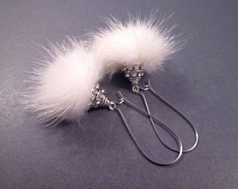 Fur Earrings, White Mink with Bali Style Rhinestone Bead Caps, Long Silver Earrings, FREE Shipping