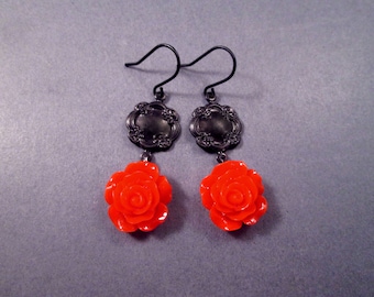 Flower Earrings, Red Roses and Matte Black, Gunmetal Silver Dangle Earrings, FREE Shipping U.S.