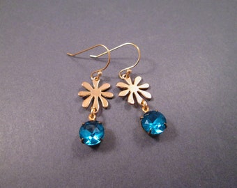 Rhinestone Earrings, Aqua Blue Glass Stones and Mod Flower Connectors, Gold Dangle Earrings, FREE Shipping