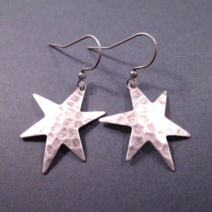 Star Earrings, Hammered Oxidized Silver Earrings, Dangle Drop Earrings, FREE Shipping