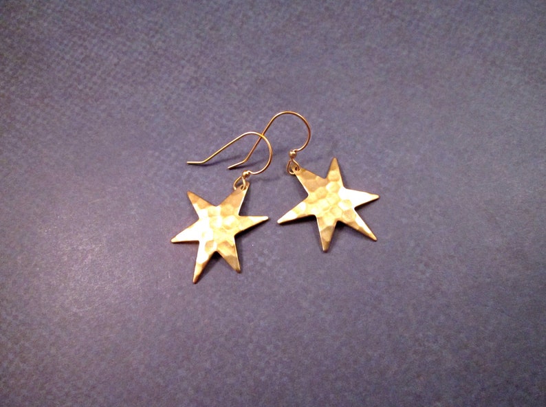 Star Earrings, Hammered Raw Brass Earrings, Gold Dangle Earrings, FREE Shipping image 2