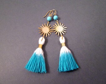 Starburst Earrings, Turquoise Blue Dipped White Cotton Tassels and Glass Beads, Raw Brass and Gold Dangle Earrings, FREE Shipping