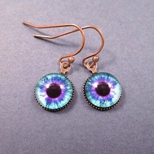 Eye See You, Colorful Eyeball Earrings, Blue Purple and Brass Dangle Earrings, FREE Shipping