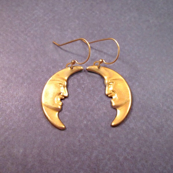 Crescent Moon Earrings, Man in the Moon, Raw Brass and Gold Dangle Earrings, FREE Shipping