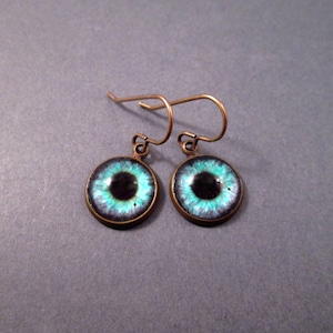 Eye See You, Eyeball Earrings, Iridescent Blue and Brass Dangle Earrings, FREE Shipping