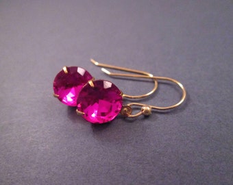 Rhinestone Earrings, Fuschia Glass Stones and Raw Brass Settings, Gold Dangle Earrings, FREE Shipping