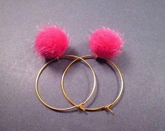 Pom Pom Earrings, Hot Pink Faux Fur Earrings, Gold Hoop Earrings, FREE Shipping