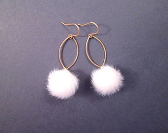 Pom Pom Earrings, White Faux Fur Earrings, Raw Brass and Gold Dangle Earrings, FREE Shipping