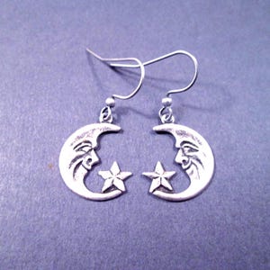 Crescent Moon and Star Earrings, Man in the Moon, Oxidized Silver Dangle Earrings, FREE Shipping