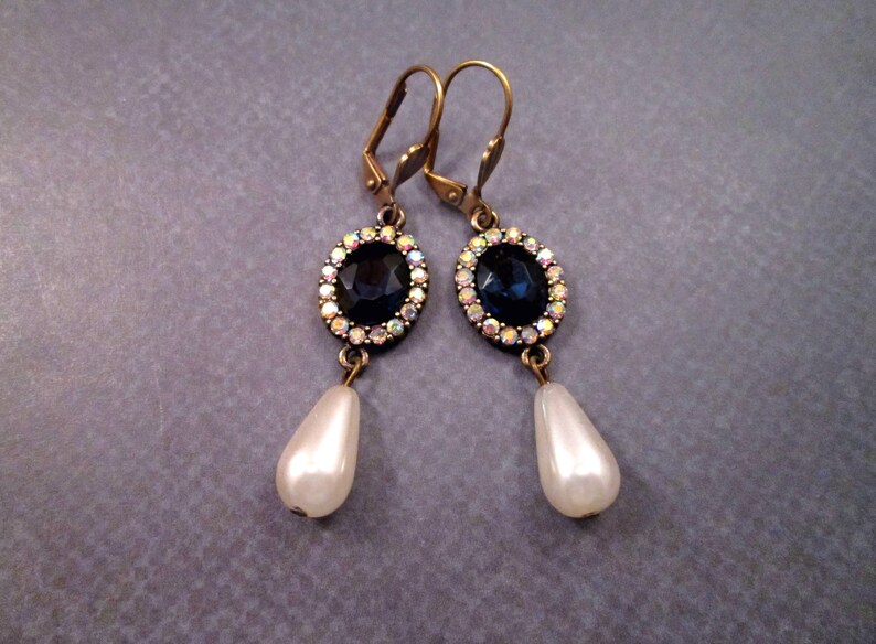 Victorian Style Earrings Glass Drop Pearl Earrings Blue and Etsy