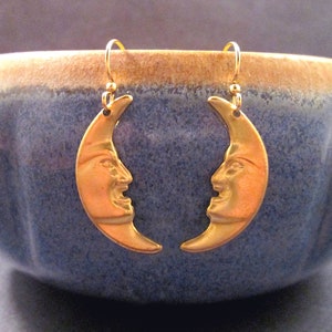 Crescent Moon Earrings, Man in the Moon, Raw Brass and Gold Dangle Earrings, FREE Shipping image 2