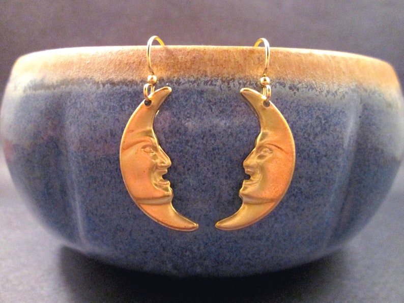 Crescent Moon Earrings, Man in the Moon, Raw Brass and Gold Dangle Earrings, FREE Shipping image 2