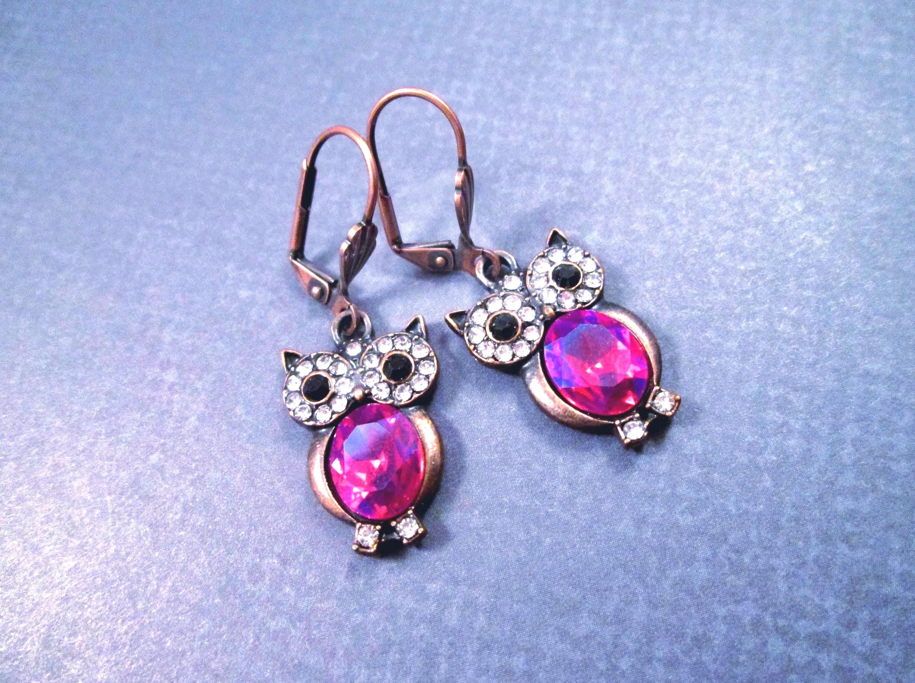 OWL Earrings, Red and White Glass Rhinestone Birds, Copper Dangle Earrings, FREE Shipping