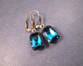 Rhinestone Earrings, Deep Blue Glass Rhinestone and Brass Dangle Earrings, FREE Shipping U.S.
