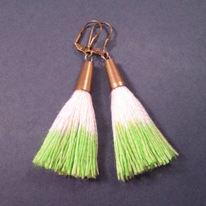 Cotton Tassel Earrings, Lime Green Dipped White Tassels, Raw Brass Dangle Earrings, FREE Shipping image 1