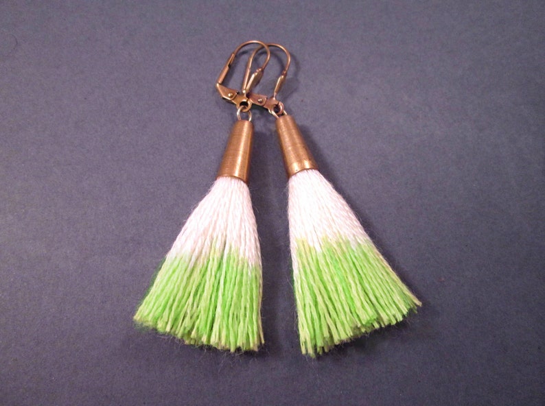 Cotton Tassel Earrings, Lime Green Dipped White Tassels, Raw Brass Dangle Earrings, FREE Shipping image 1