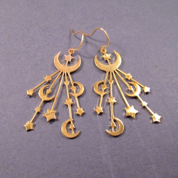 Moon and Star Cascade Earrings, Gold Dangle Earrings, FREE Shipping
