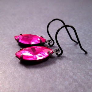Rhinestone Earrings, Hot Pink Glass Navettes, Gunmetal Silver Dangle Earrings, FREE Shipping