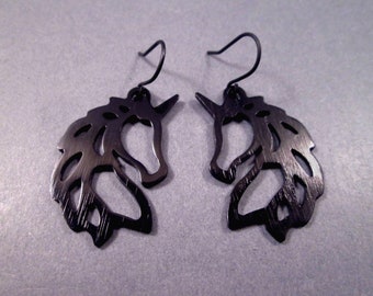Unicorn Earrings, Black Metal Alloy Earrings, Gunmetal Silver Dangle Earrings, FREE Shipping