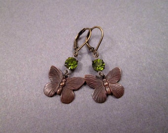 Butterfly Drop Earrings, Olive Green Glass Rhinestones, Brass Dangle Earrings, FREE Shipping