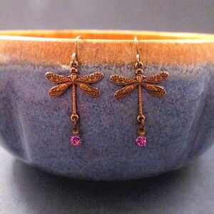 Dragonfly Earrings, Pink Glass Rhinestones, Brass Dangle Earrings, FREE Shipping image 1