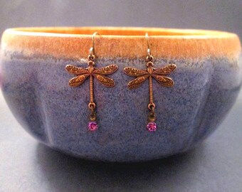 Dragonfly Earrings, Pink Glass Rhinestones, Brass Dangle Earrings, FREE Shipping