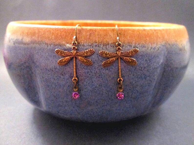 Dragonfly Earrings, Pink Glass Rhinestones, Brass Dangle Earrings, FREE Shipping image 1