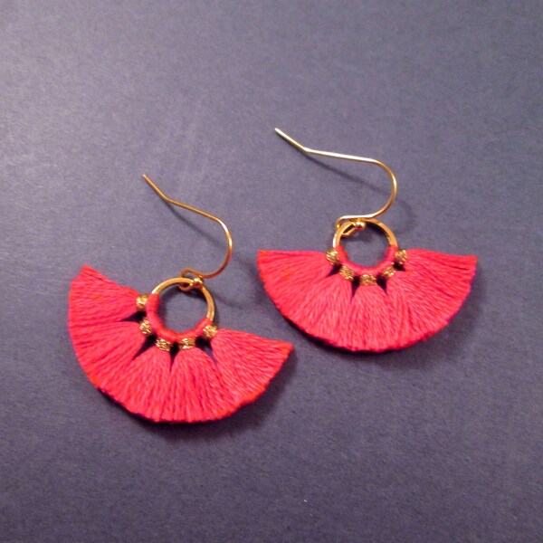 Smaller Size Cotton Tassel Earrings, Hot Coral Pink Fan Earrings, Gold Dangle Earrings, FREE Shipping U.S.