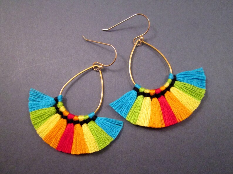 Gold Teardrop Dangle Earrings Rainbow Fan Earrings Cotton Tassel Earrings FREE Shipping U.S.