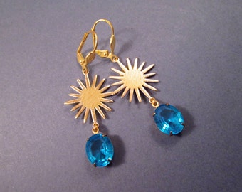 Rhinestone and Starburst Earrings, Aqua Blue Glass Stones, Gold Dangle Earrings, FREE Shipping