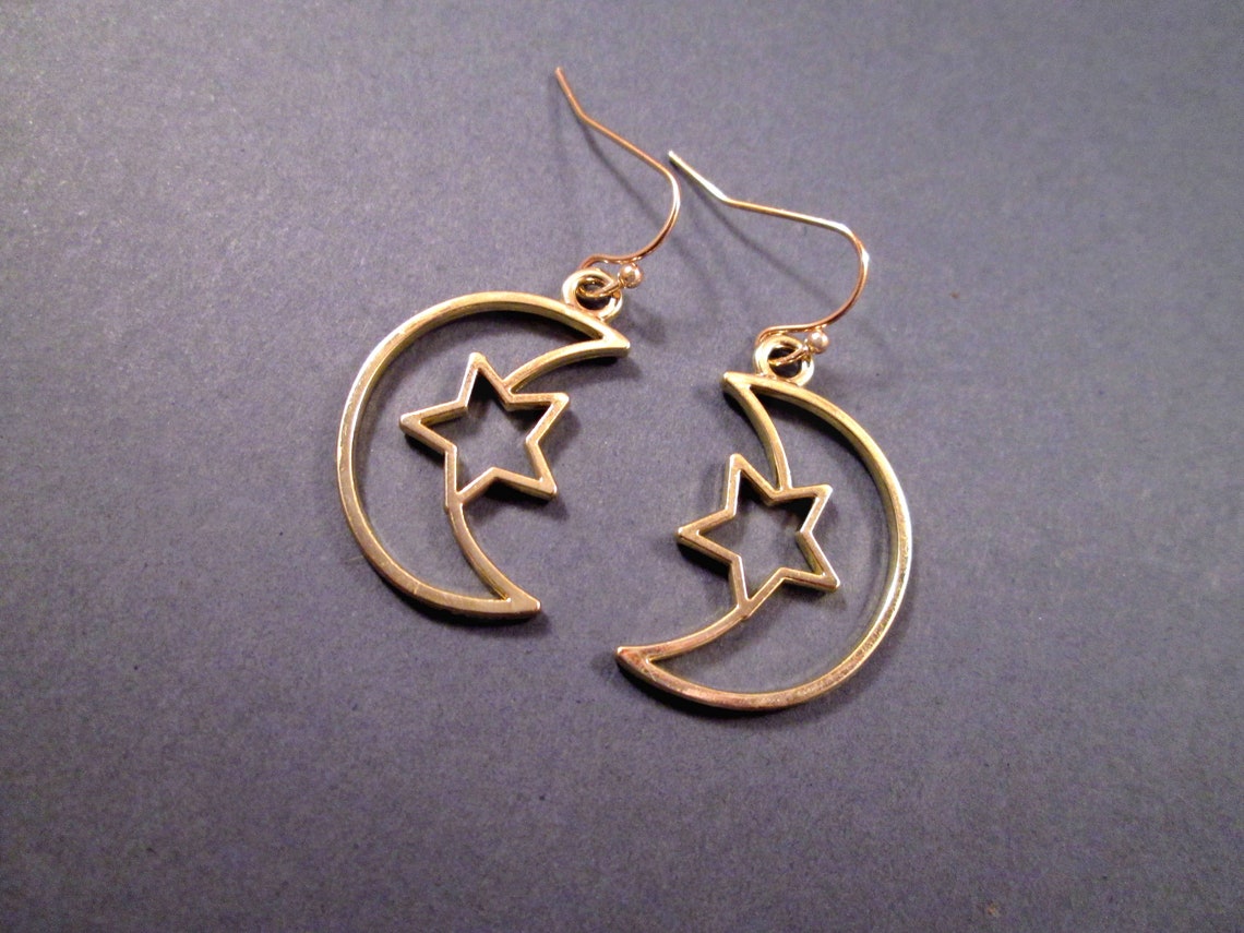 Moon and Star Earrings Gold Dangle Earrings FREE Shipping | Etsy