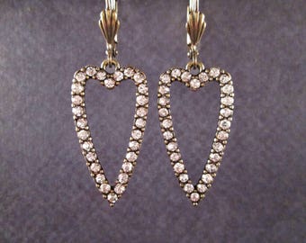 Rhinestone Heart Earrings, White Glass Rhinestones and Brass Dangle Earrings, FREE Shipping
